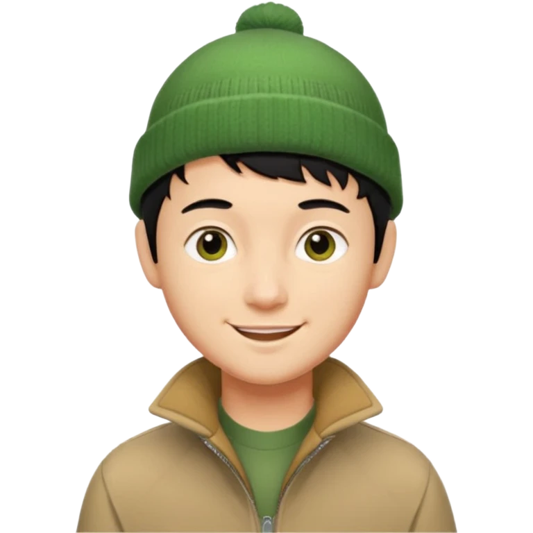 young man with longish pixie cut black hair, tan complexion, green beenie hat, tan jacket, pork chop sideburns emoji