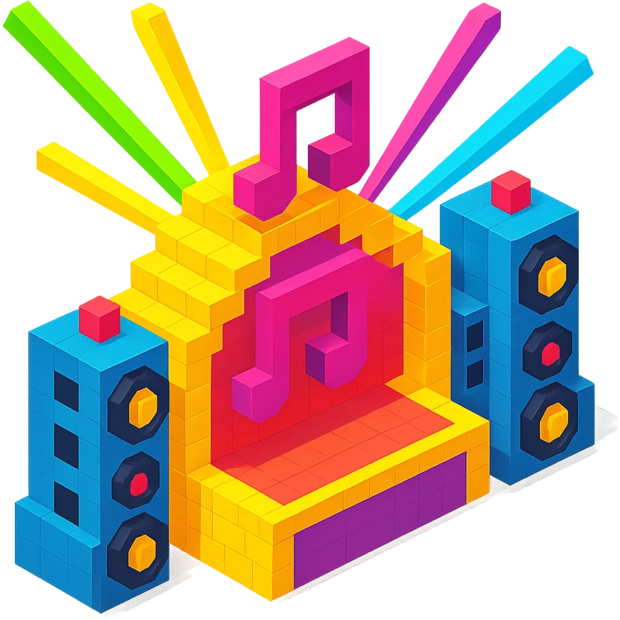 music festival main stage with giant speakers and lasers emoji