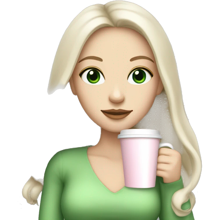 white girl with very long black hair and green eyes and light pink outfit drinking a latte emoji