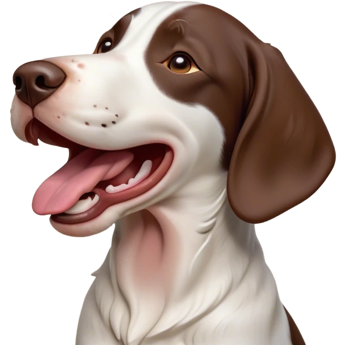 Cinematic Cute Yawning German Pointer Portrait Emoji, Head tilted slightly with a dramatic, wide-open yawn, revealing a sleek liver and white coat with a crisp finish, floppy ears slightly drooping, round brown eyes barely open in drowsy contentment, Simplified yet irresistibly adorable features, highly detailed, glowing with a soft, cozy glow, high shine, relaxed yet expressive, stylized with a touch of whimsy, bright and endearing, soft glowing outline, capturing the essence of a sleepy yet affectionate hunter, so drowsy it feels like it could stretch out of the screen and curl up for a nap! emoji