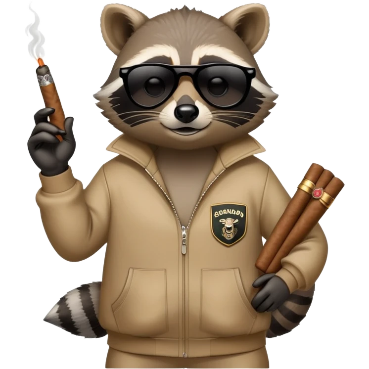 friendly anthropomorphised raccoon in a Sopranos-style mafia tracksuit, wearing dark sunglasses, holding a cigar, confident pose emoji