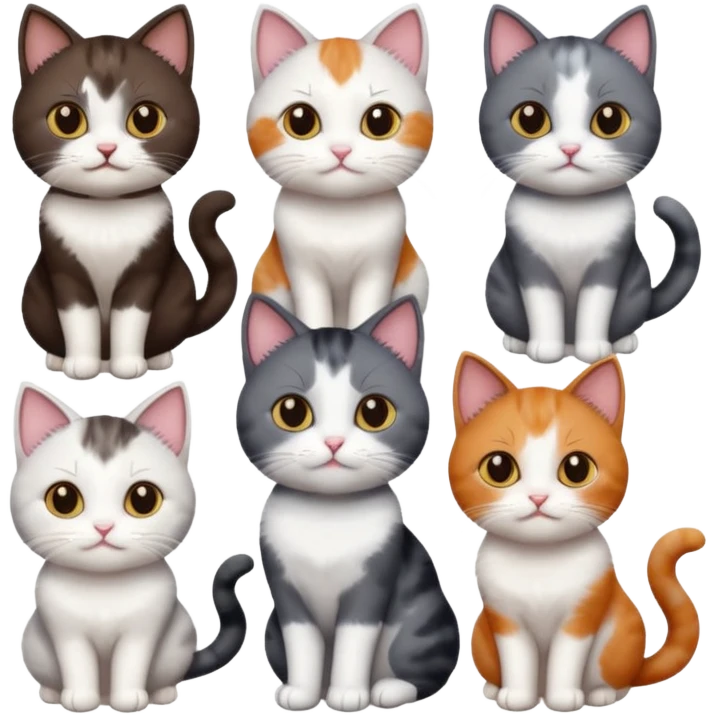 5 different coloured short haired cats including; a dark brown and white cat, and a dark grey and white, and a calico emoji