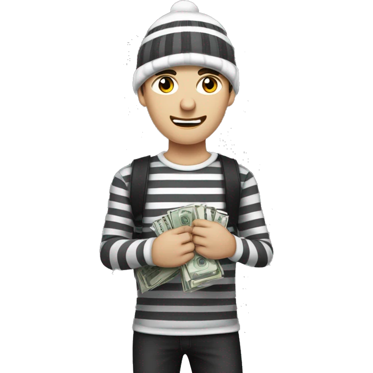 guy with white skin, mild stubble, dark grey beanie, black eye mask, black-and-white striped full sleeve and holding money bag on his left shoulder emoji