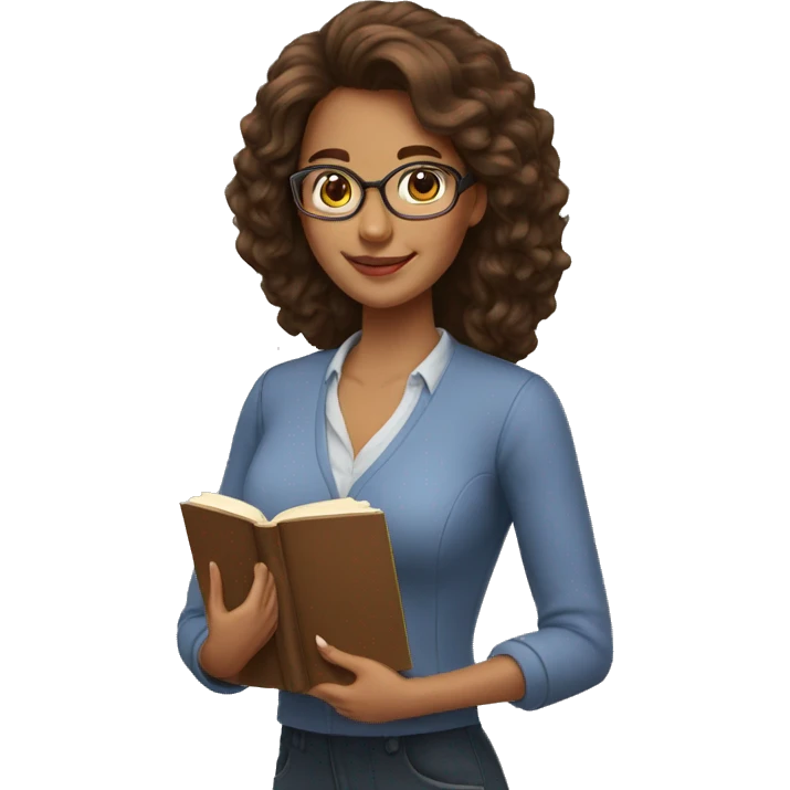 woman teacher brown large hair and clear skin with book emoji