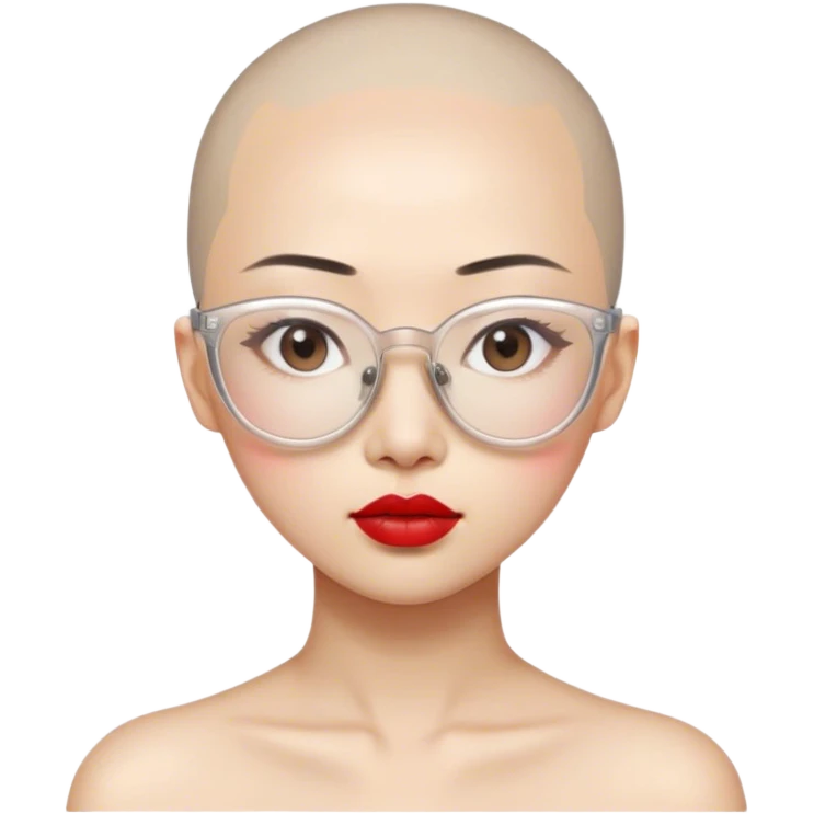 Asian girl with Beige skin Eyes with slightly upturned corners Bald head, wearing transparent plastic frame glasses, thin lips and red lipstick emoji