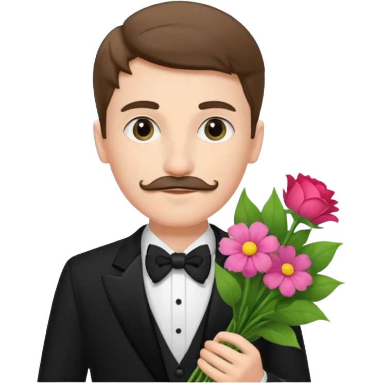 generate an ios genmoji of a 20 year old fair boy with very few mustache hair, carrying a flower bouquet, wearing a tux emoji