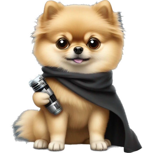 Pomeranian dressed as Luke Skywalker holding a lightsaber emoji
