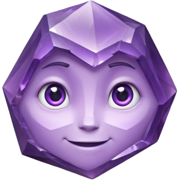 One amethyst-purple faceted rock head character, chunky and rock-like, with irregular facets and a few visible chips, big glossy eyes looking slightly up and a gentle smile, 3D render, high detail, soft rim light, isolated on dark background. emoji
