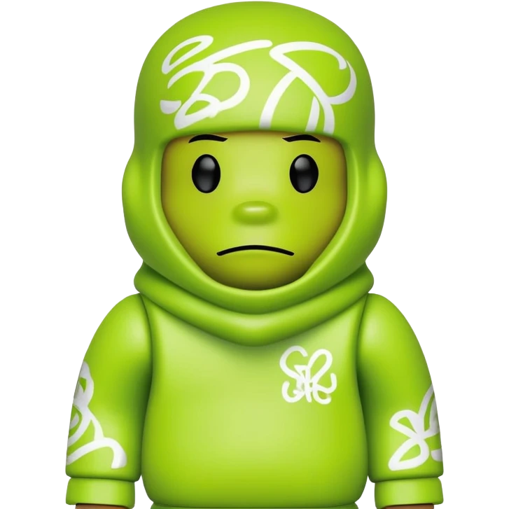 bearbrick toy wearing a lime green balaclava with graffiti design and chill relaxed thick eyebrows showing above emoji