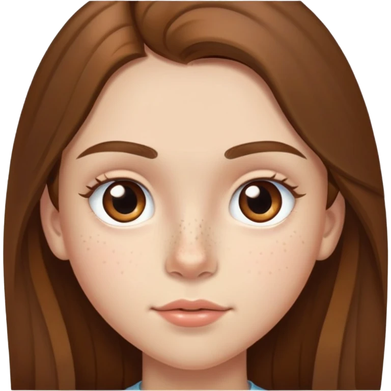 A 12-year-old girl with very long brown hair, light brown eyes, medium thick eyebrows, slightly big lips, a small freckle on her cheek and another small freckle under her eye emoji