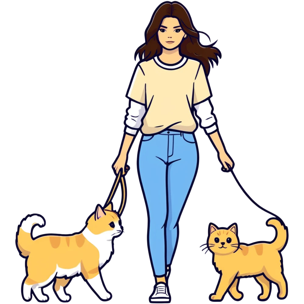 Kendall Jenner with long brown hair walking a golden retriever dog and three cats, two cream colored cats and one white and blue cat emoji