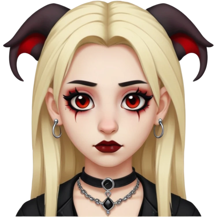 Blonde goth girl, brown eyes, fair skin, dark clothes, nose piercings on both sides, septum pericing, eyebrow peircing, gauged ears, lots of ear piercings, heavy black and red makeup  emoji