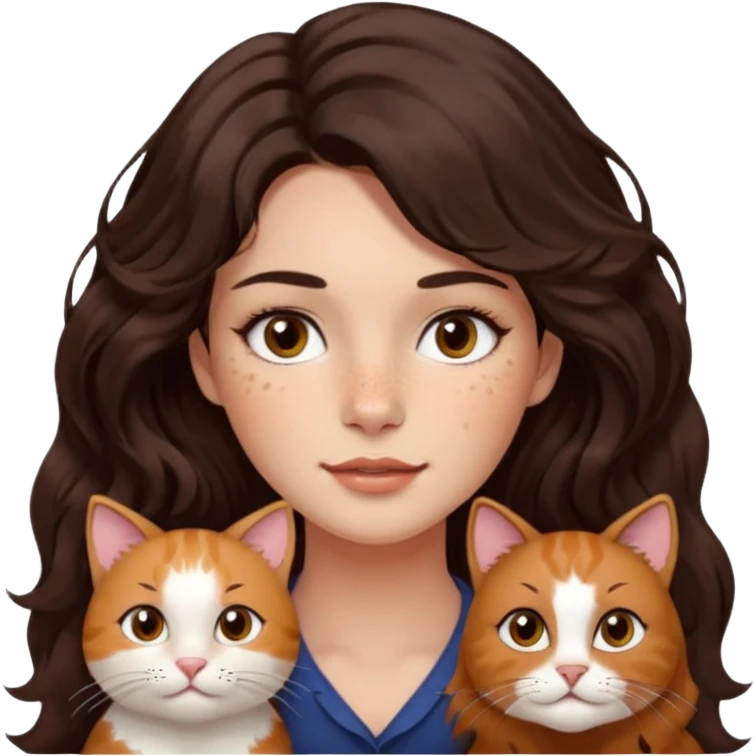 Uzun koyu kahverengi dalgalı saçlı, çenesinde beni olan ve yüzünde biraz çiller olan, iri koyu kahverengi bol kirpikli gözlü sevimli bir yüzü katlı kesim bir saçı olan kadın yap yanına da kilolu tamamen kahverengi bir kedi yap emoji