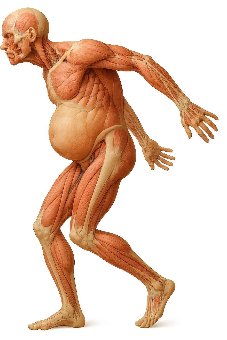 corpo umano anatomico realistico che si butta con la schiena e le spalle in avanti, pancia sporgente e postura delle spalle chiuse, isolato su sfondo bianco emoji