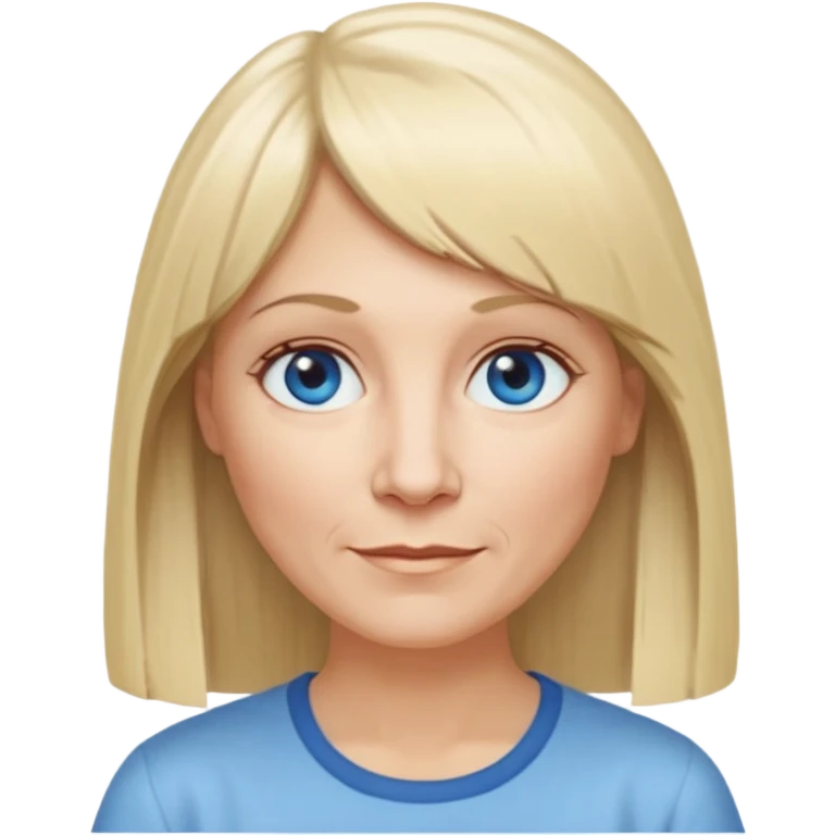 50 yr old white woman, hippie part short bangs, very long straight blond hair, oval face, small smile, blue eyes, thin face, hair downback, hair parted at center of head, round cheeks, pale, longer hair, white shirt emoji