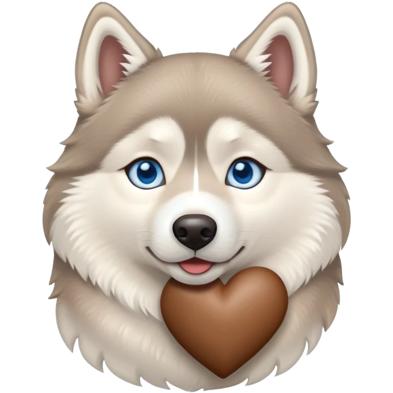 Beige husky with blue eyes holding a brown heart emoji