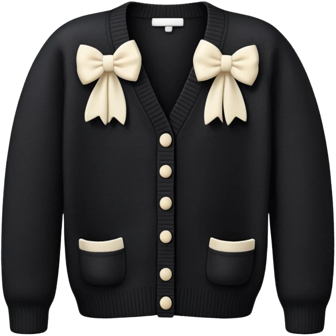 black cardigan with 8 tiny ivory bows all over front and sleeves, realistic 3d isolated, soft texture emoji