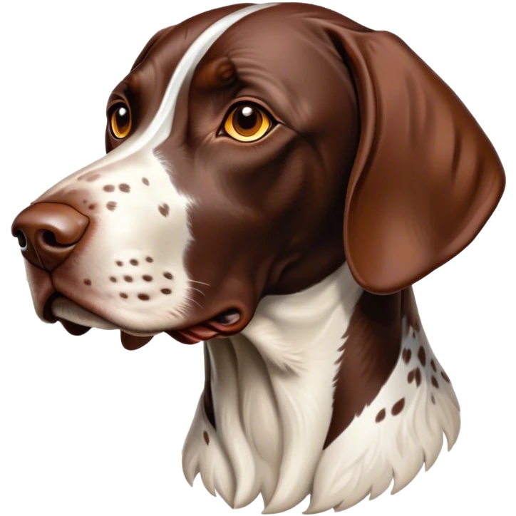 Cinematic German Pointer Portrait Emoji, Elegant and alert, sleek brown and white tones, Simplified yet sharp features, highly detailed, glowing with a warm, confident glow, high shine, intelligent and poised, stylized with an air of grace, focused and attentive, soft glowing outline, capturing the essence of agility and loyalty, so lifelike it feels as though it could spring into motion at any moment! emoji