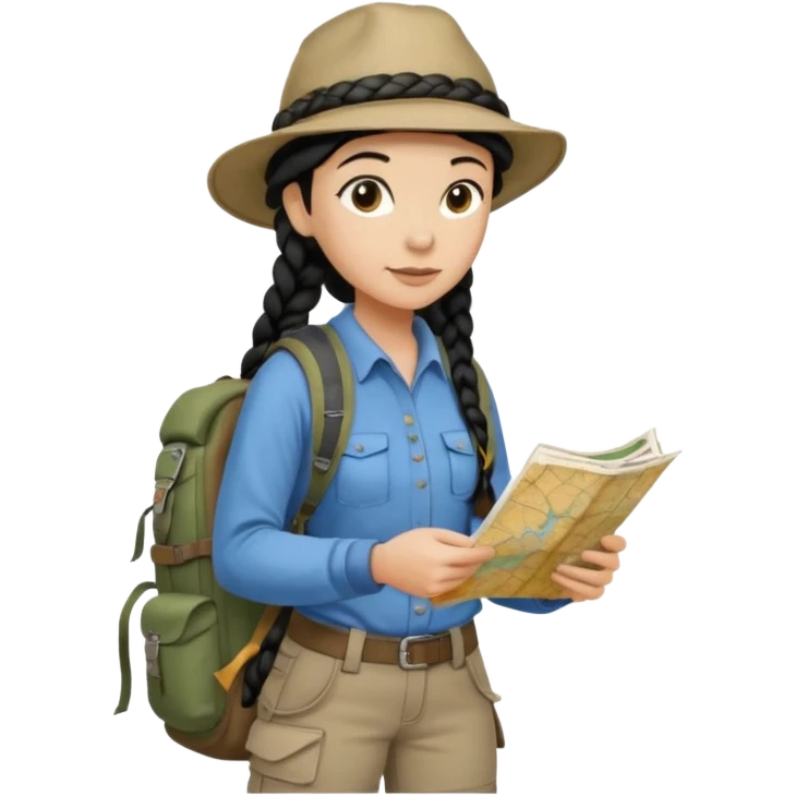 A braid black hair backpacking woman checking her map with curious eyes while walking with camping hat and dirt covered bootsfull body emoji