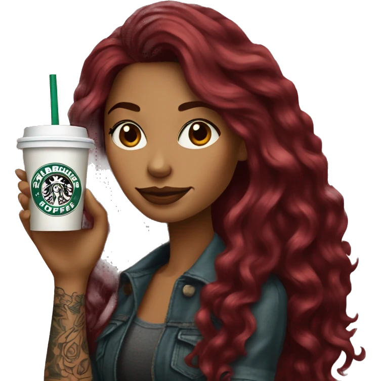 Beautiful tattooed  burgundy long haired woman holding a Starbucks drink emoji