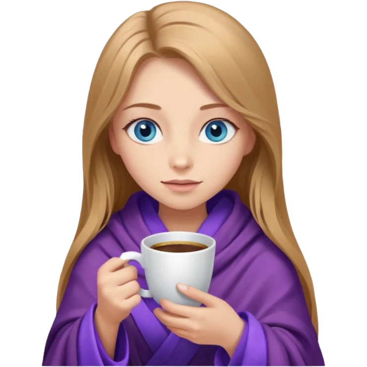 A girl with blue eyes, long eyelashes, very long light brown hair, inside a purple blanket with coffee emoji