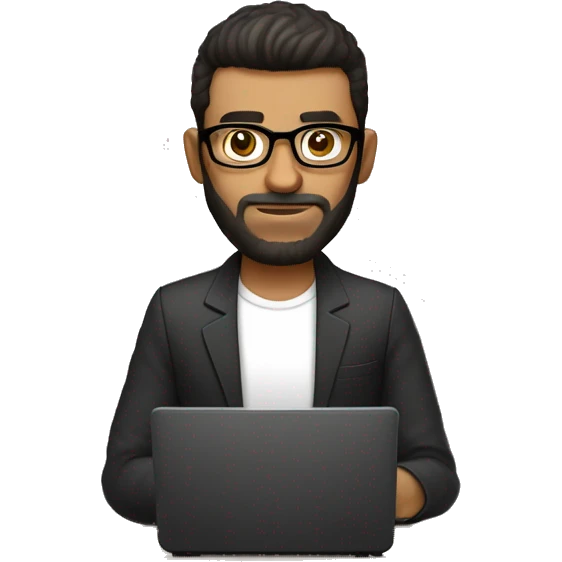 Persona, hombre, 33 años, lentes con marco negro, cabello corto, ojos marrones, barba de 3 dias, detras de una mesa con un ordenador emoji