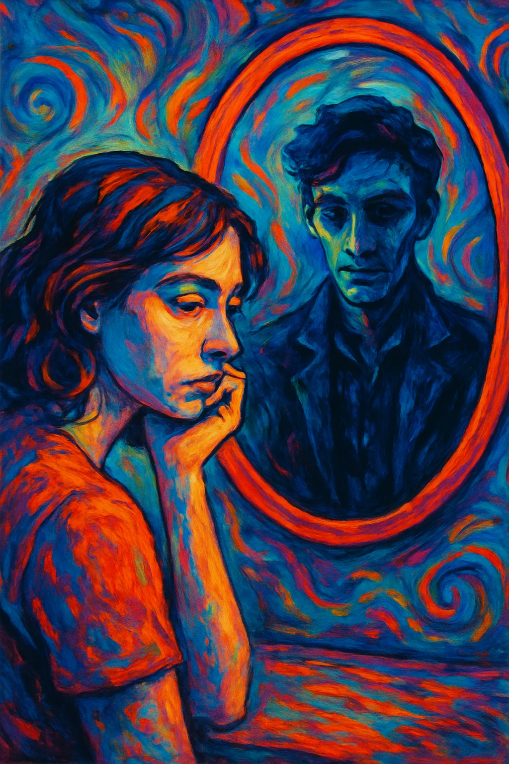 A woman looking into a mirror, with a man visible on the other side, in a distinct visual style emoji