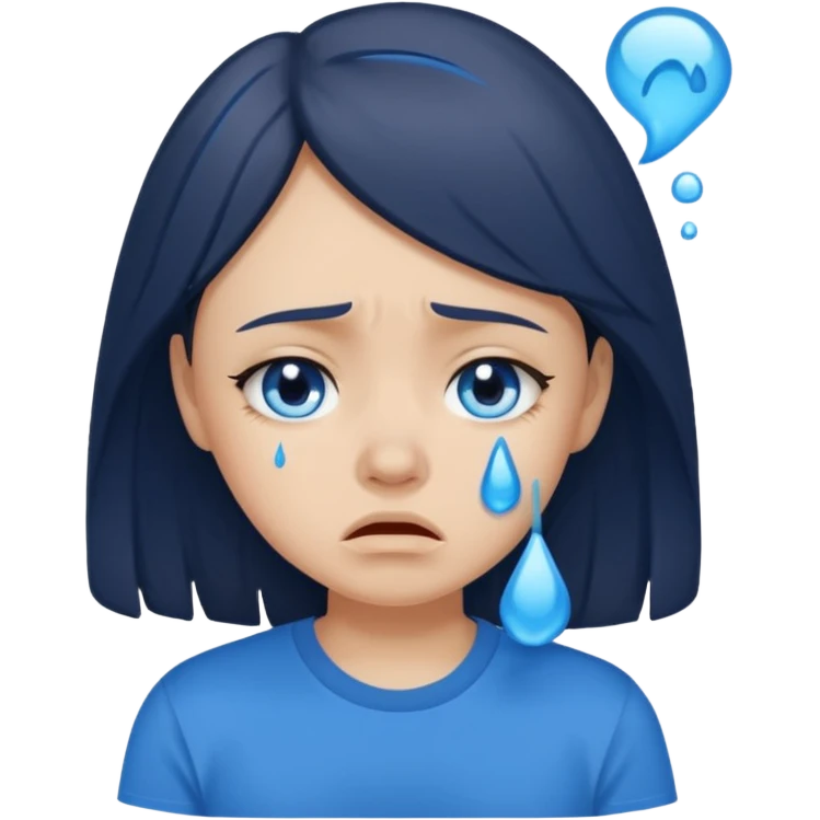 sad brunette girl crying with blue tears wearing a blue tshirt emoji