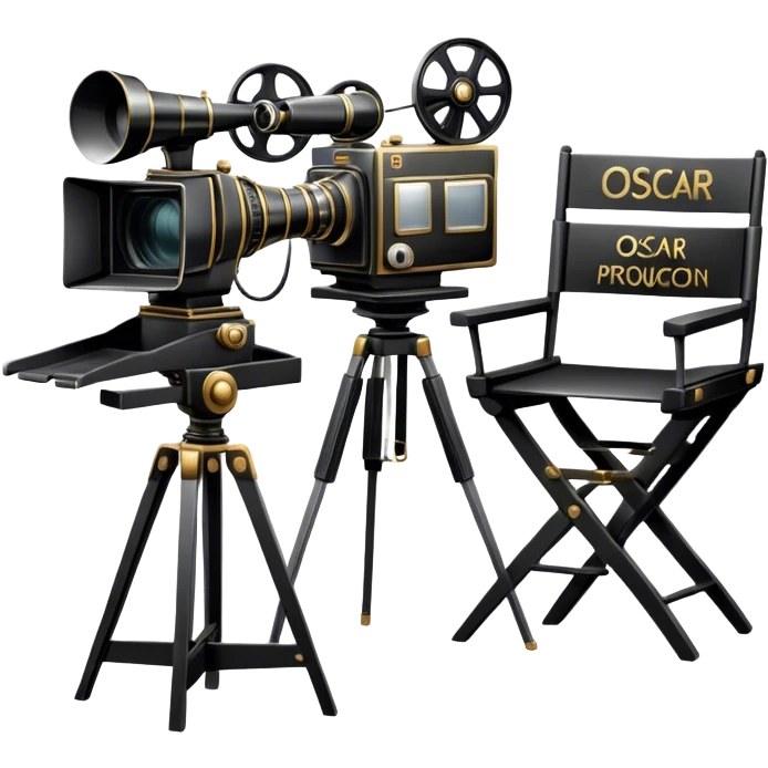 Professional icon for Directing: a film camera, an Oscar statuette and a script with a director's chair in the background. The icon should convey the prestige and creativity of directing in film, with focus on awards and film production. Transparent background. emoji