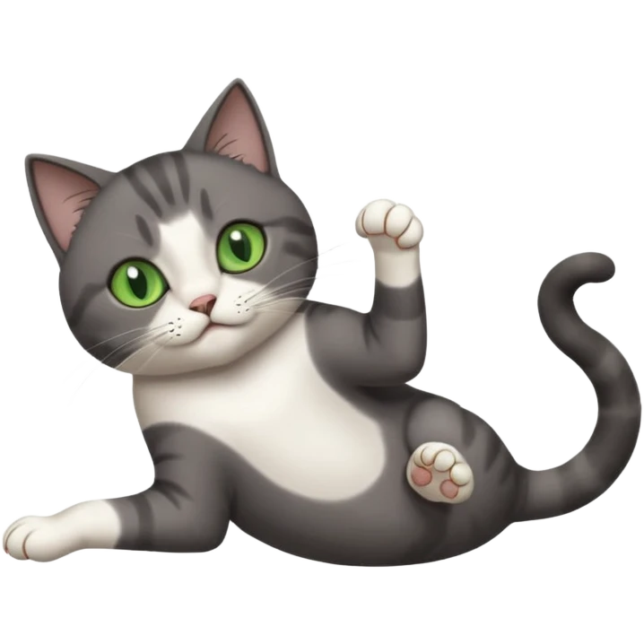 dark grey cat with green eyes, white toes/paws and white patch on her chest playfully rolling upside down emoji