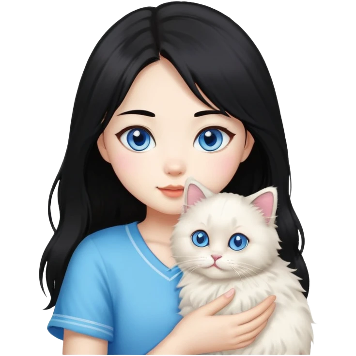 Asian girl with black hair holding a fluffy ragdoll cat with blue eyes and colorpoint fur emoji
