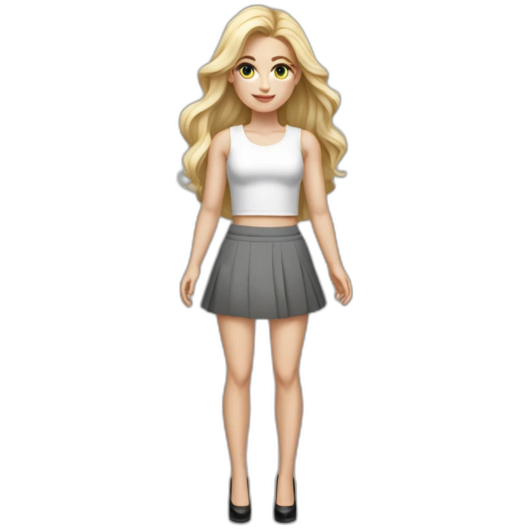 hyperrealist caucasian long blonde hair dark brown eyes woman white crop top gray mini skirt black high heels full body emoji