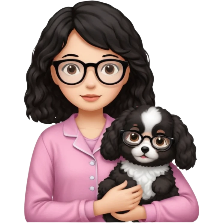 soft wavy black haired girl wearing black framed glasses in a pink pjs while holding her fluffy dog emoji