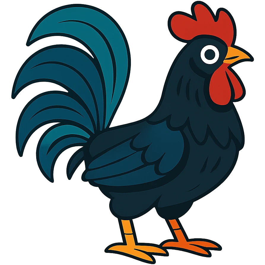 black rooster with prominent tail feathers, eye-catching, vibrant toon style emoji
