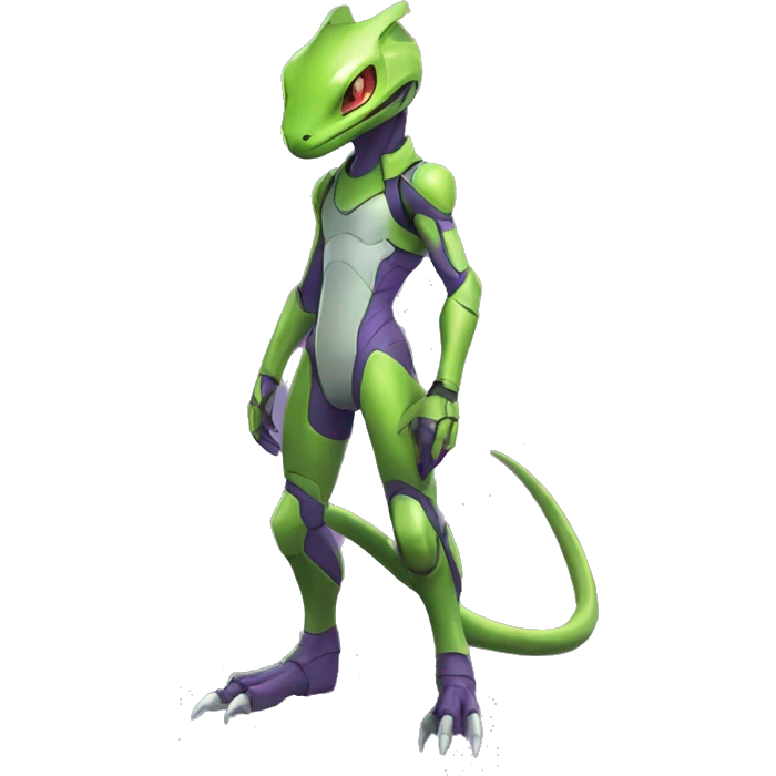 A Lizard-Reptile-Raptor-Alien-Genesect-Mewtwo-Fakémon, with a futuristic visor-helmet, wearing a techwear-suit, Full Body emoji