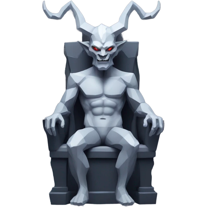 generate a fully gray very basic low-poly demon with no details and just shapes sitting on a throne. The demon has a circular head, with triangle horns and a basic shape body emoji