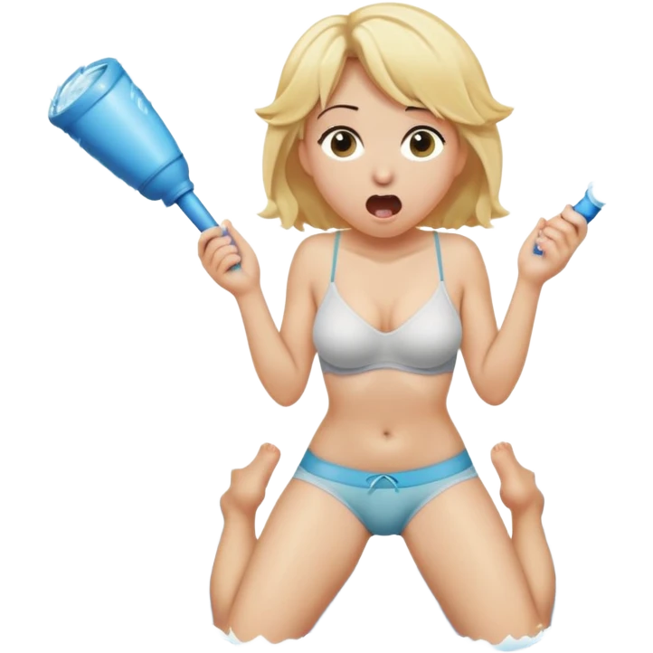 blond woman kneeling wearing underwear with surprised expression, a wide cartoonish stick with a D-shaped knob with playful exaggerated features coming out of a pair of pants hanging in front of her face, water stream squirting from the flat side of the knob into her open mouth emoji