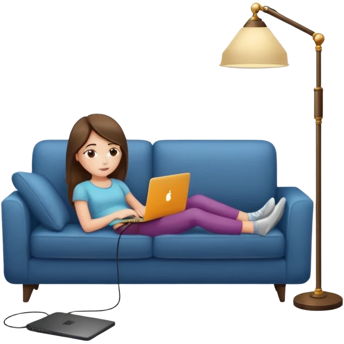 A girl is working with a laptop while lying on a sofa, with a floor lamp to the right. emoji