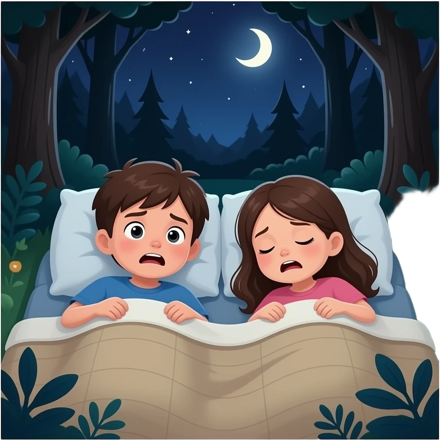 un niño y una niña que son hermanos durmiendo en el bosque, estan asustados y es de noche sin almoada y sin mantas emoji