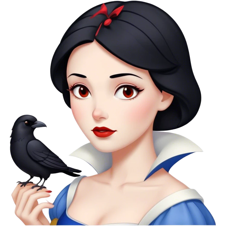 Cinematic Majestic Snow White Portrait Emoji, rendered in a clean, vector-style with bold, simplified shapes. Show Snow White with a serene, noble expression, radiant porcelain skin, and elegantly styled raven hair accented with subtle red highlights, her attire simple yet refined. The design radiates a majestic, pure glow with high shine and a soft glowing outline, embodying classic royal beauty. emoji