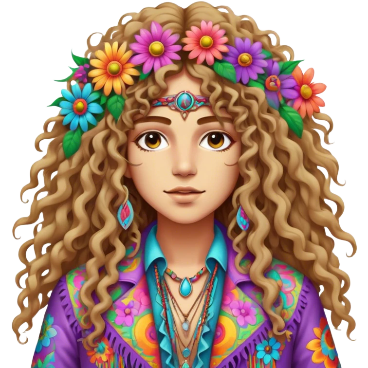 Create a 3D ultra detailed psychedelic colored hippie style flower border with a gorgeous hippie in the center with long curly hair and a fringed jacket emoji