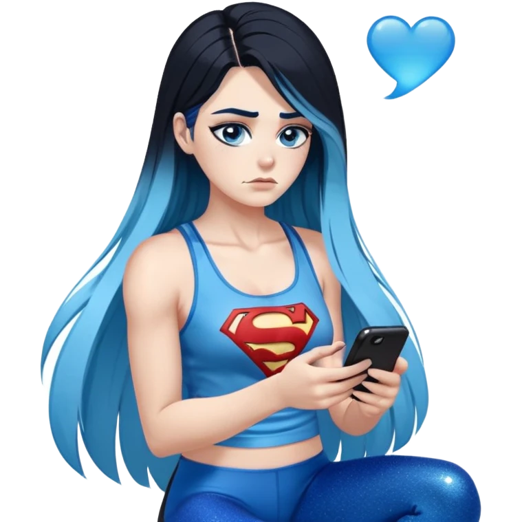 Shameful disappointed crying-very very very very big chest-texting on a samsung cell phone-very long straight flowing black to sky blue hair ombre-blue eyes-black eyeliner-long eyelashes-plastic sparkling sky blue very low cut tank top with sparkling superman logo-black leggings-nike sneakers emoji