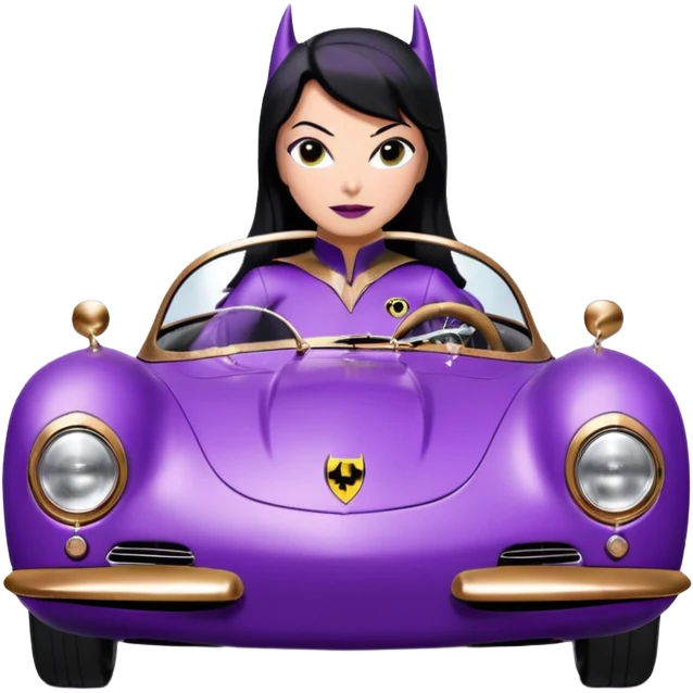 Adult tight purple suit wearing BatGirl driving her satin-black and rose-gold 1955 Porsche 550 Spyder too fast in the country, despite the rainy conditions making the tires slippery, sliding sideways with her black hair fluttering in the wind emoji