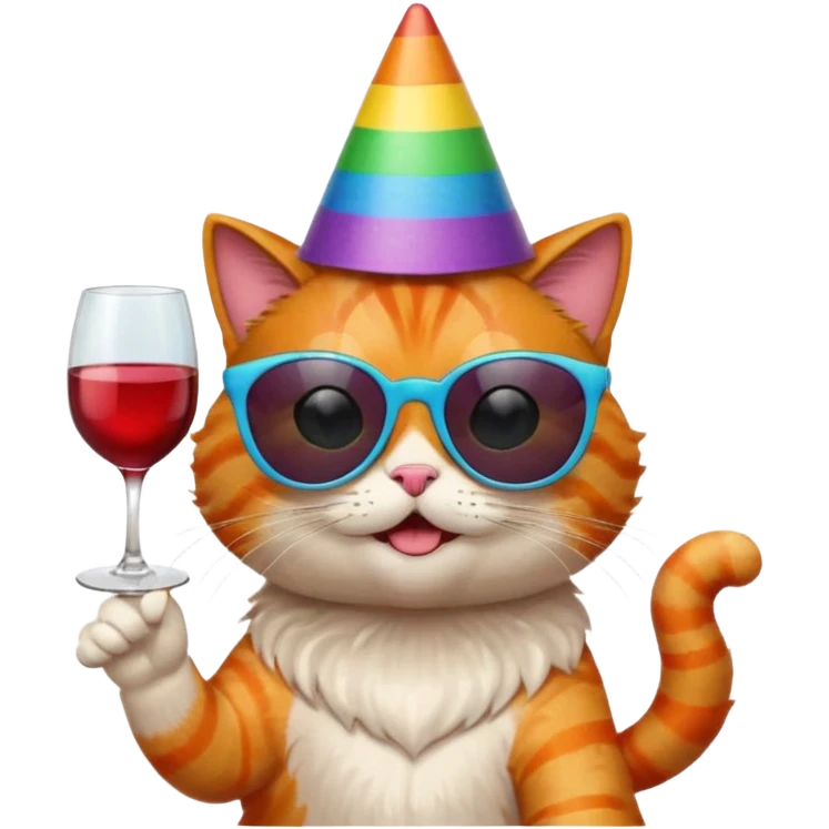 happy cat with a giant rainbow party hat, black sunglasses, and a wine glass emoji