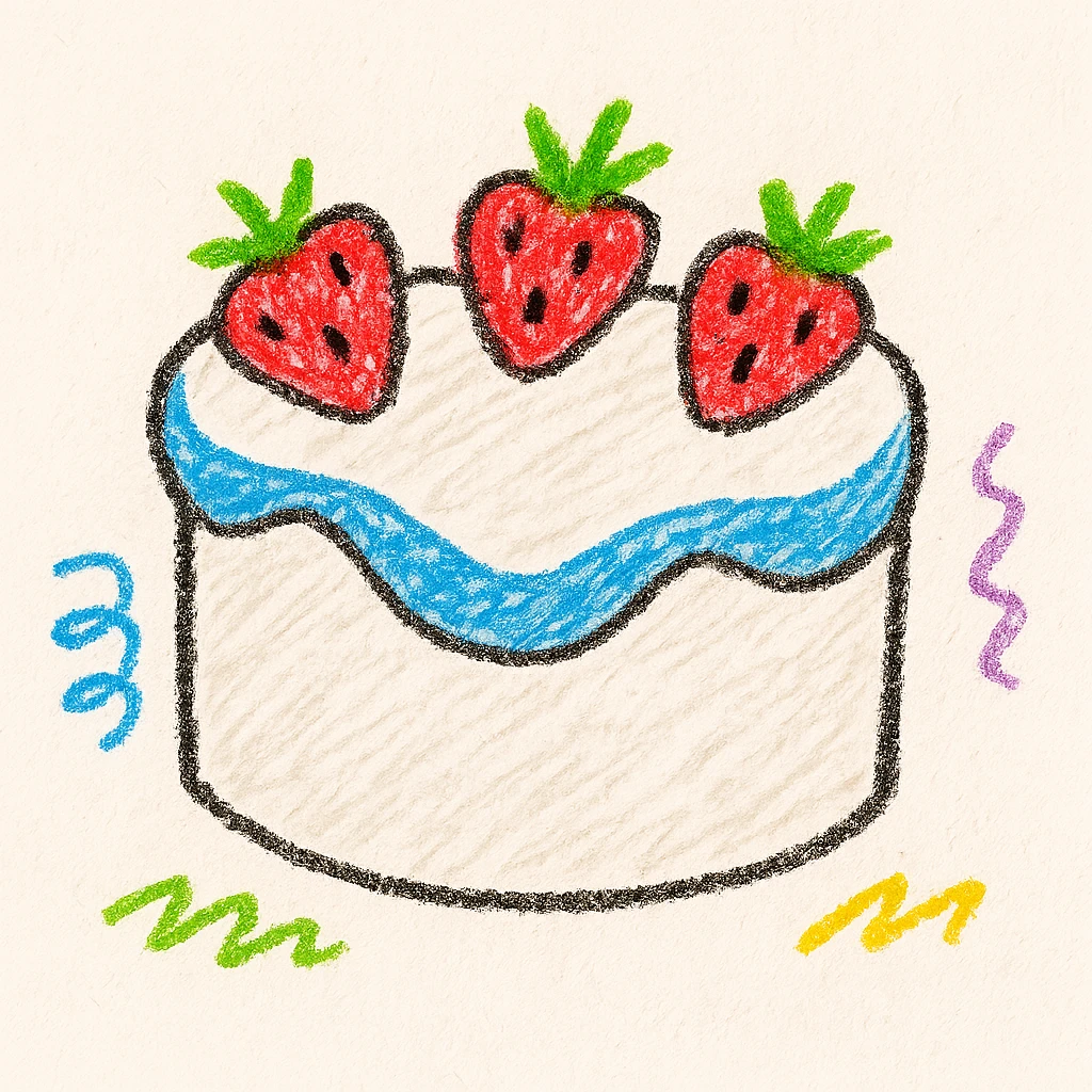 heart-shaped white cake with strawberries on top, playful and colorful, children doodle style emoji