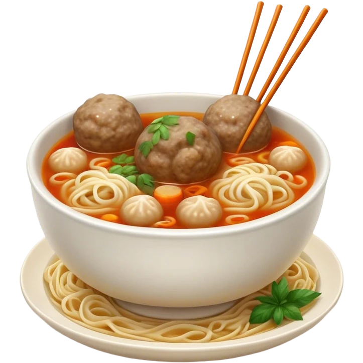 Cinematic Realistic Bakso Dish Emoji, showcasing savory meatball soup with noodles rendered with detailed textures and warm, inviting lighting. emoji