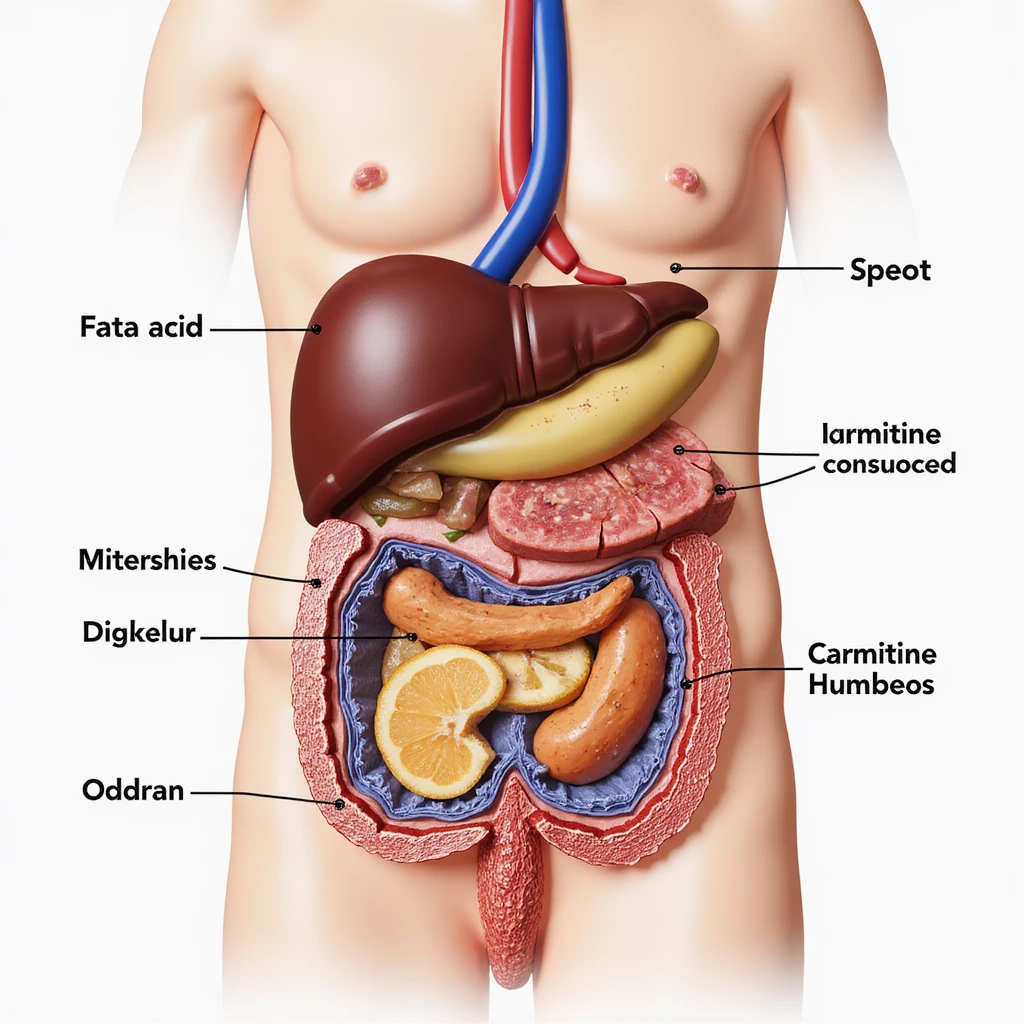 detailed anatomical 4K cross-section of fatty acid transport in the human body, focusing on mitochondria, carnitine, and membranes emoji