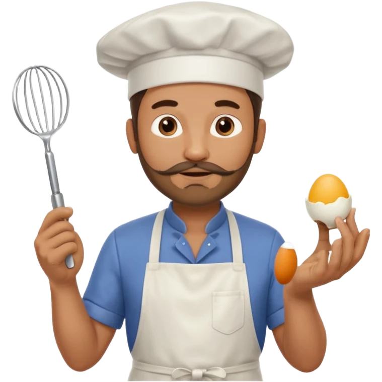Middle aged male pastry chef - with a small beard, apron, white hat, and holding an egg beater in his hand emoji