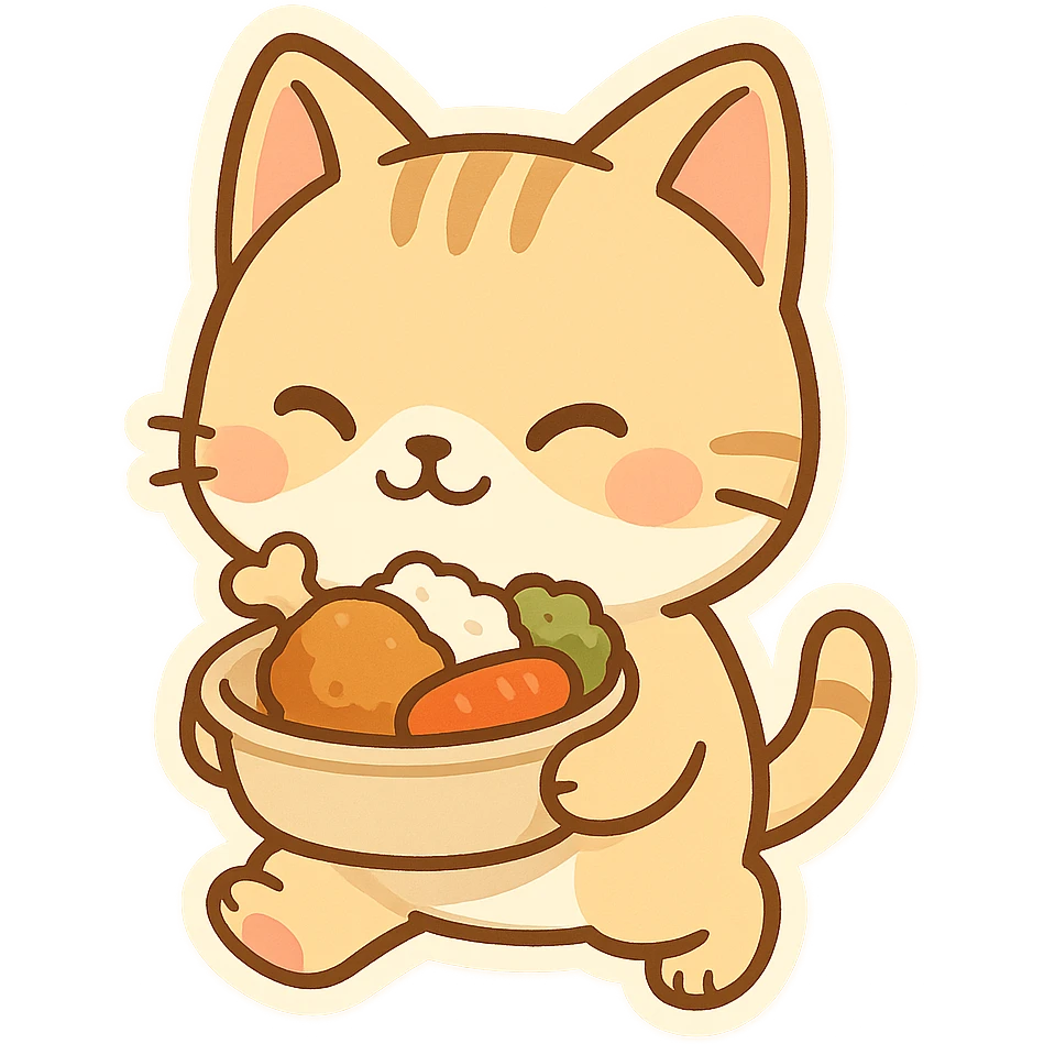 cute and clear cat carrying food, chibi stickers style, adorable and sharp emoji