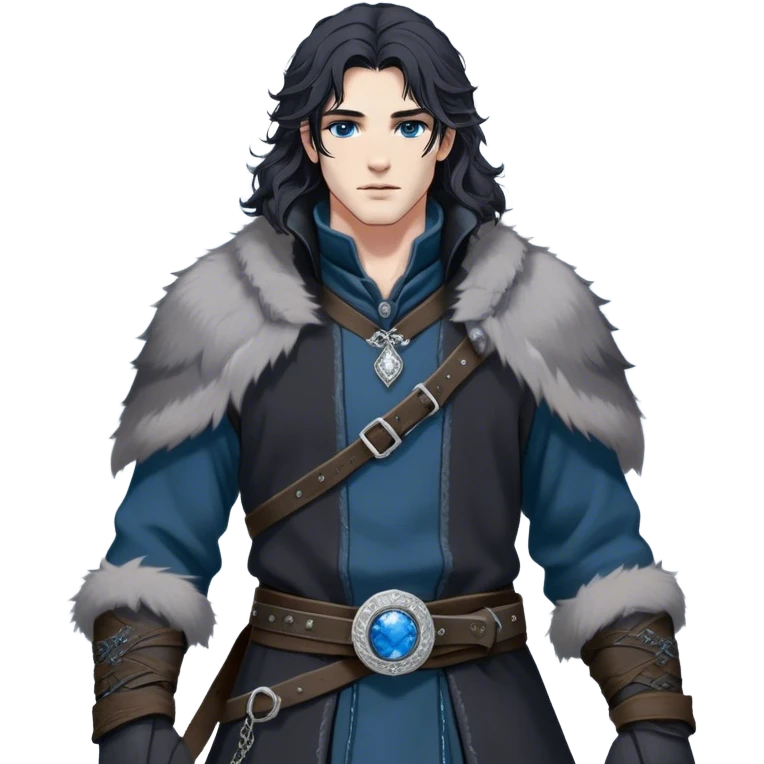 Medieval winter outfit worn by a DnD themed fantasy male character. Heavy charcoal gray wool tunic with black wolf fur lining, embellished with etched silver buttons and a sturdy leather belt with decorative metalwork. Clothes only above the waist, full waist coverage. The character has no arms. Character is white-skinned with jet black hair, steel blue eyes, and shoulder-length wavy hair with snow-kissed strands. emoji